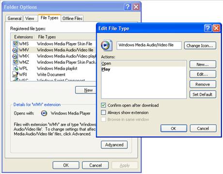 Windows XP Folder Options File Types configuration