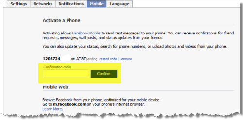 Facebook Mobile Activation