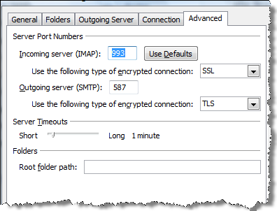 Outlook Advanced IMAP settings for Gmail