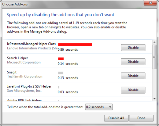 IE9 speed up by disabling add-ins