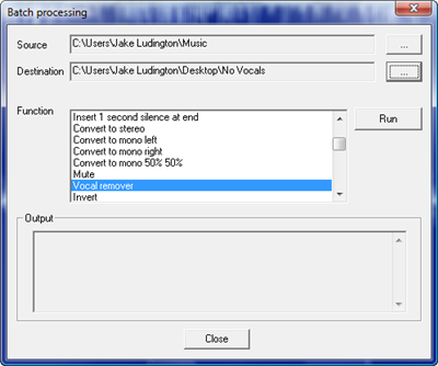 Select Vocal Removal from the Function list and click the Run button. Depending on how many files you chose, this might take awhile.