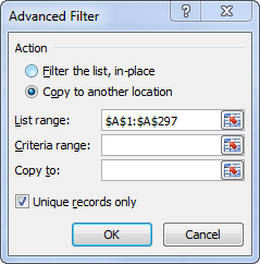 Configure Excel Advanced Filter settings