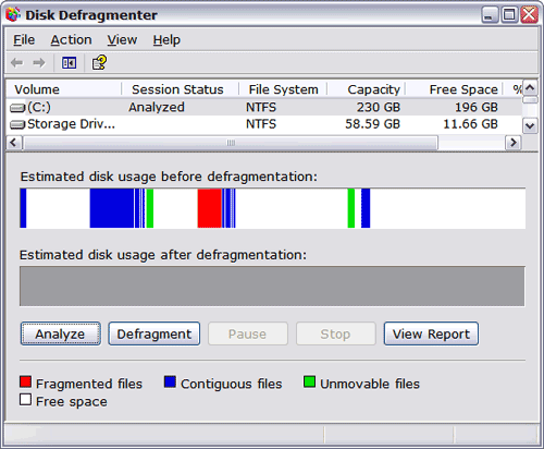 Windows XP Disk Defragmenter Screen