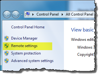 manage Windows 7 Remote Desktop settings