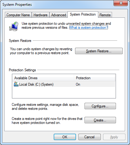 Windows System Protection settings