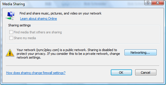 Windows Media Player Media Sharing Public Network Warning