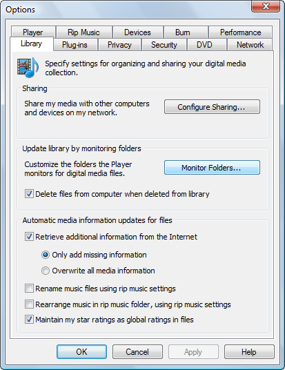 Windows Media Player monitor folders