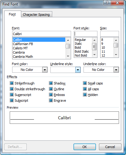 find fonts in MS Word