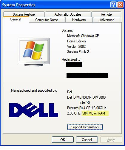 Windows XP System Properties Memory