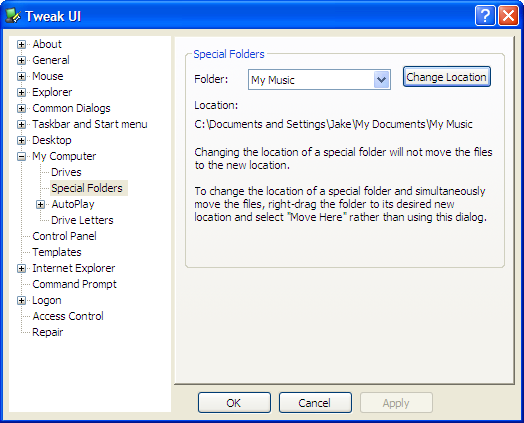 Change location of My Music Folder with TweakUI